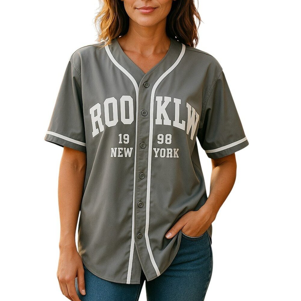 Shein Brooklyn NY Jersey Style Shirt Size M Gray Button Up Top Short Sleeve# 168
